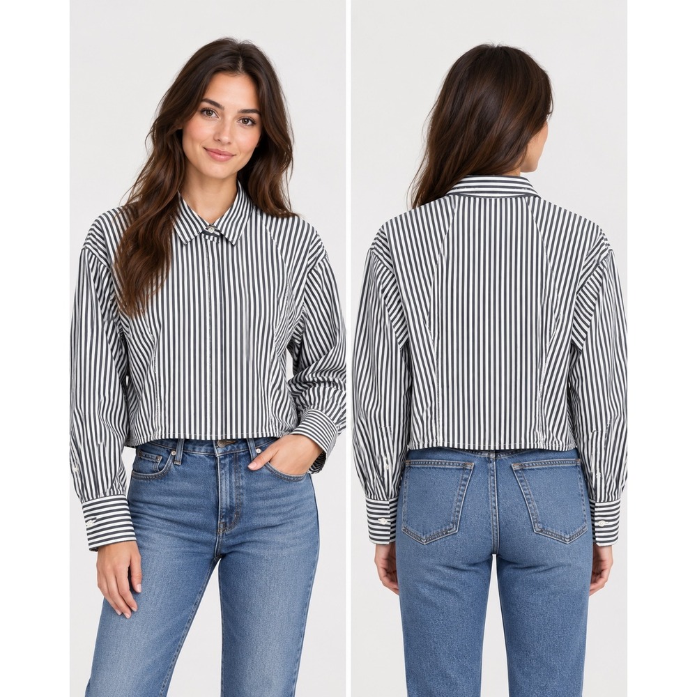 J.Crew Womens Navy White Striped Cropped Hidden Button Down Shirt Size 10